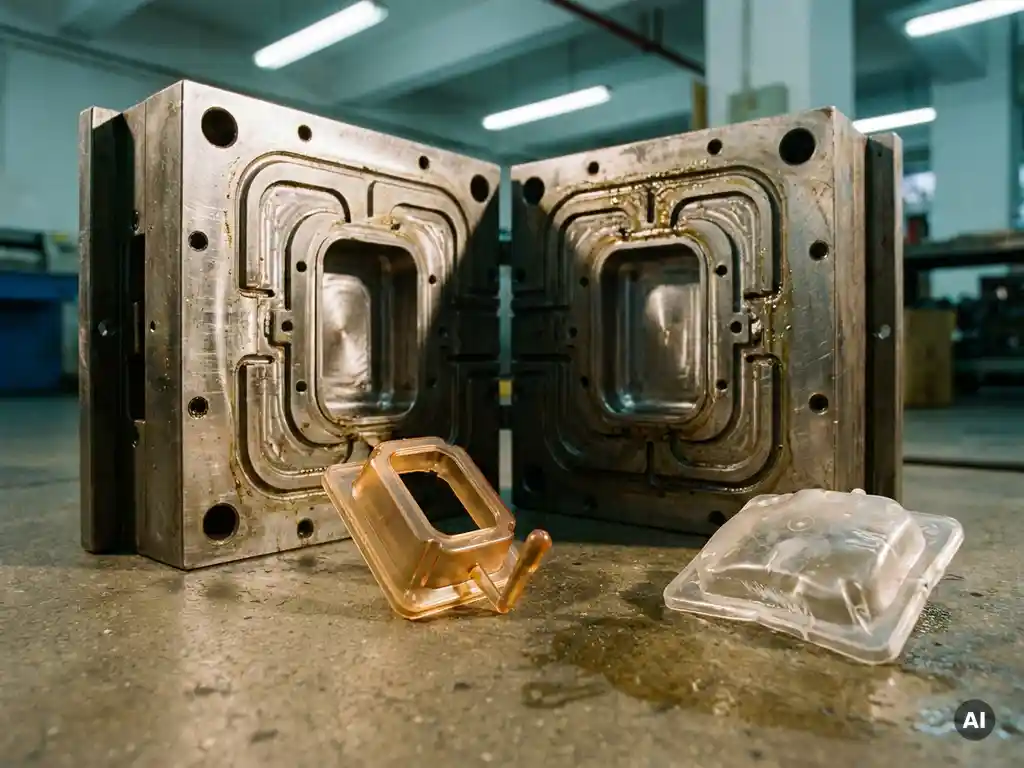 Precisie kunststof component naast open spuitgietmatrijs op stalen fabrieksvloer, met zichtbare oppervlaktedefecten op afgekeurd onderdeel.