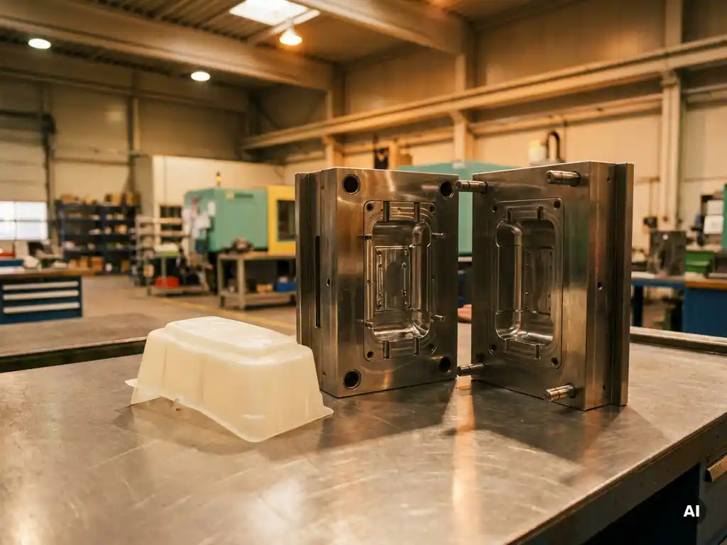 Open spuitgietmal naast vacuümgevormde plastic behuizing op gepolijst stalen werkoppervlak in industriële omgeving.