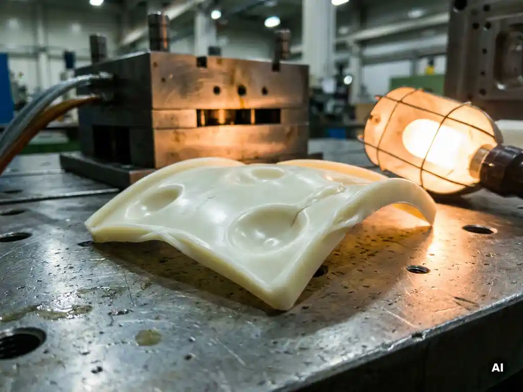Spuitgegoten plastic onderdeel met zichtbare verzakkingen en vervormingsdefecten op stalen werkbank in industriële omgeving.