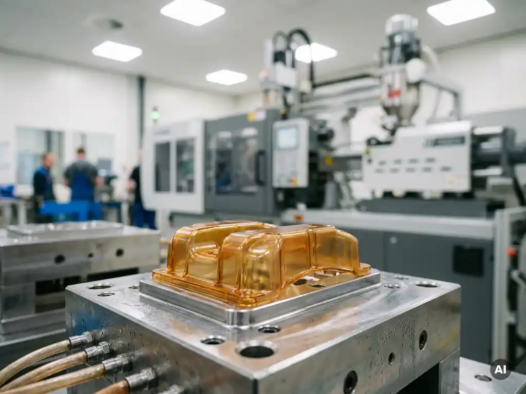Vers spuitgegoten plastic onderdeel koelt af op precisie matrijs in Nederlandse productiefaciliteit, scherpe close-up van materiaaldetail.