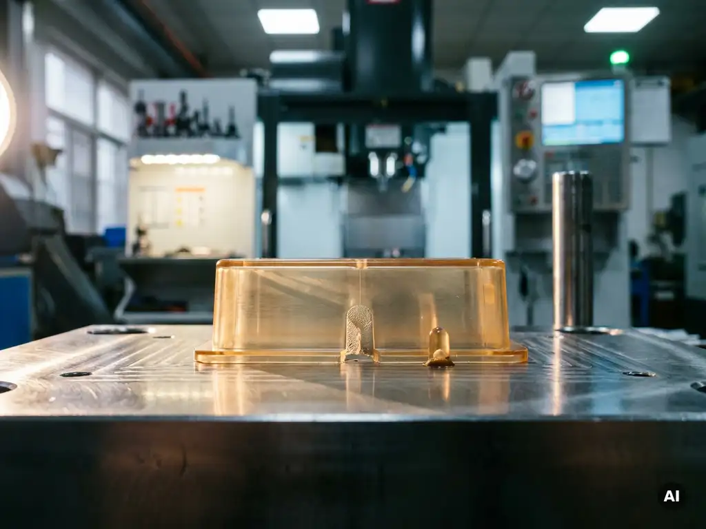 Spuitgegoten plastic onderdeel op gepolijst stalen matrijs met zichtbaar aanspuitpunt, scherpe zijverlichting in industriële werkplaats.