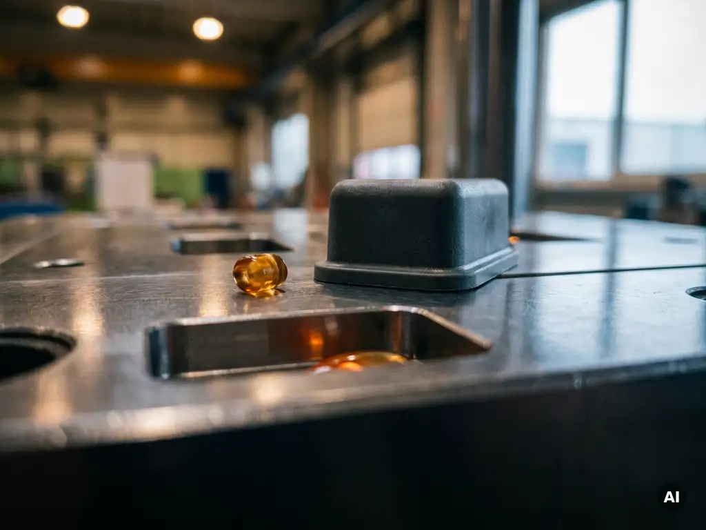 Glanzend thermoplastisch pellet en donker thermoharder component op gepolijst stalen matrijs met gesmolten plastic zichtbaar in holte eronder.