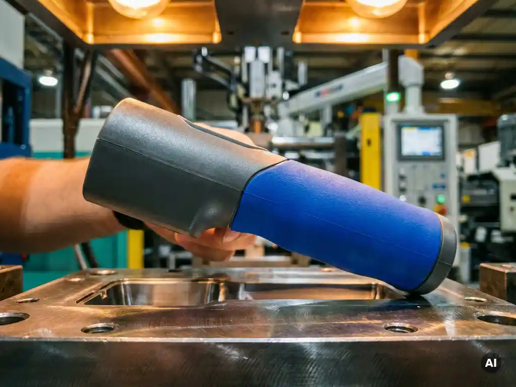 Twee-componenten kunststof onderdeel met rigide antracietgrijze behuizing en zacht kobaltblauw handvat, op stalen spuitgietmatrijs in productiehal.