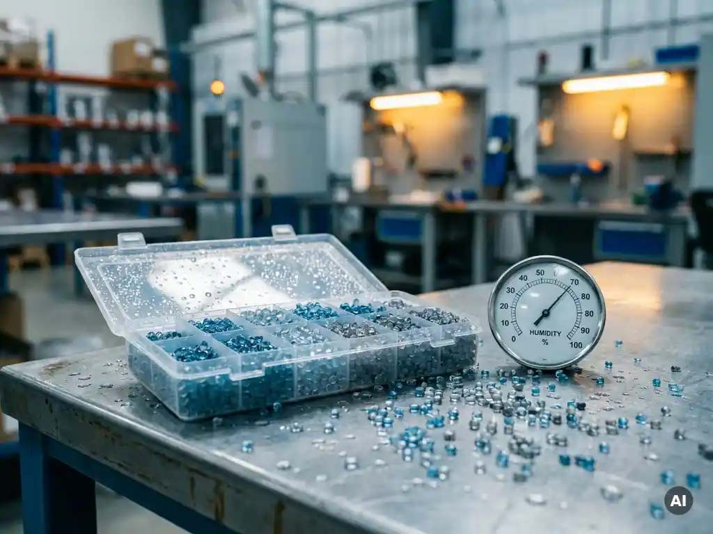 Vochtige kunststof granules op stalen industrieel oppervlak met waterdruppels, hygrometer en contrast tussen droge en natte pellets.